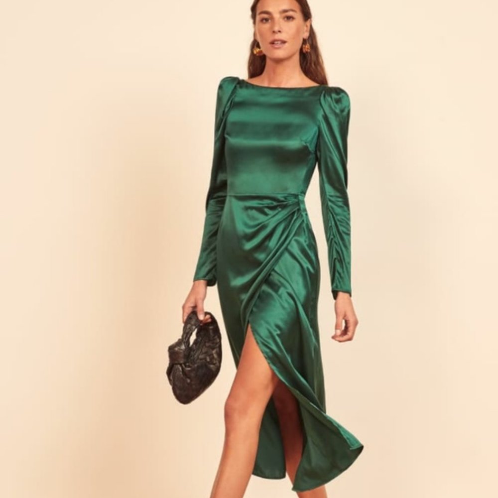 Reformation Cameron Green Silk Midi Dress B401